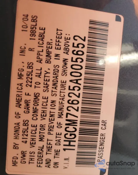 2005 Honda Accord Ex из США, поврежденный, VIN 1HGCM72625A005652